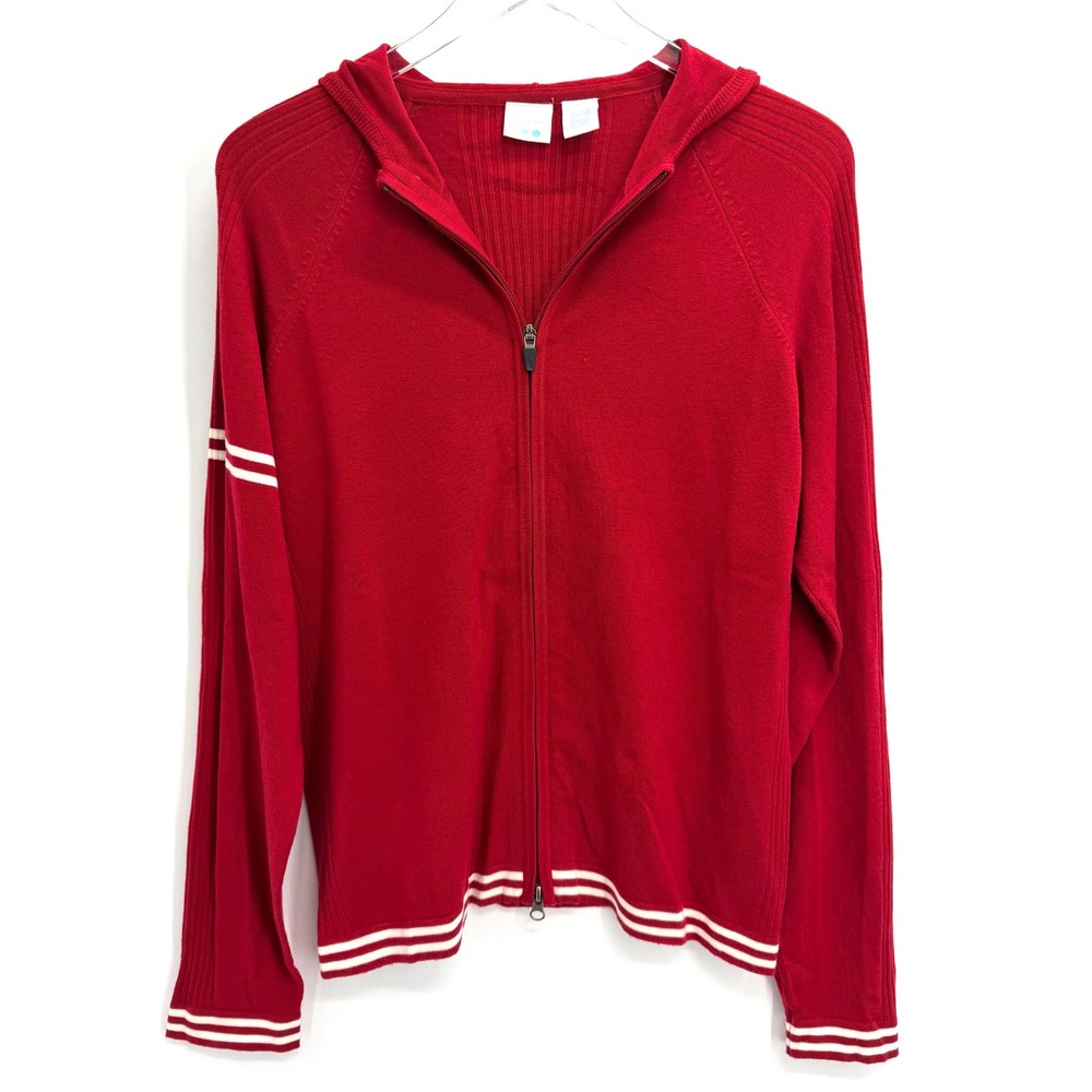 Y2K 90s ProSpirit Red Zip Up Hooded Sweater Size L White Stripes Raglan Knit
